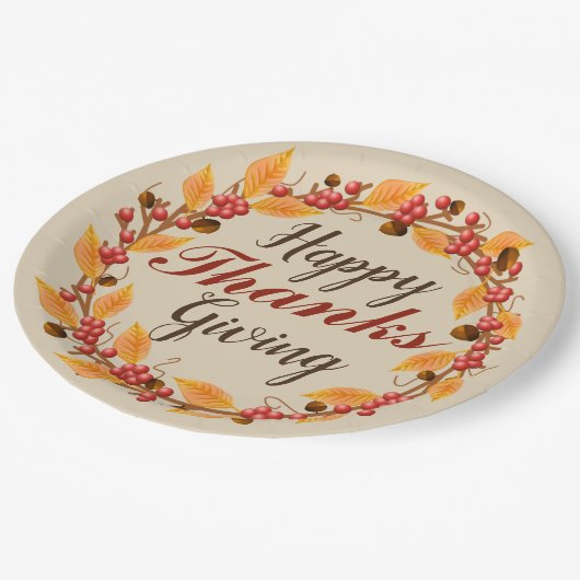 ハッ感謝していプ与えの秋紅葉リース ペーパープレート (アングル)