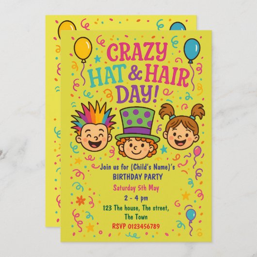 ハッ熱狂するト&ヘアデイ子供の誕生日パーティー 招待状 (正面/裏面)