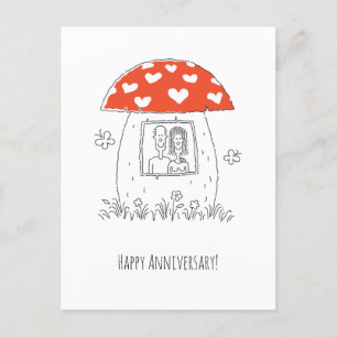 ハッ結婚ピー記念日ハートカップルきのこ ポストカード