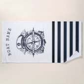 ハッ航海のト、いかり、ホイールネイビーブルーストライプの ビーチタオル (正面)