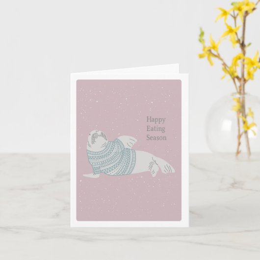 ハッ食べ物ピーの季節！かわいいセイウチの休日/クリスマス カード (黄色い花)