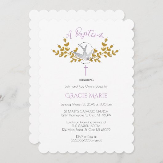 ハトとクロスのバプテスマ招待状{Girl} 招待状 (正面/裏面)