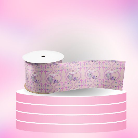 ハトとクロスベビーの洗礼を持つピンクのバゾウ サテンリボン