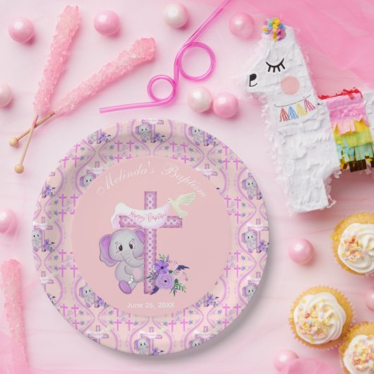 ハトとクロスベビーの洗礼を持つピンクのバゾウ ペーパープレート (パーティー)