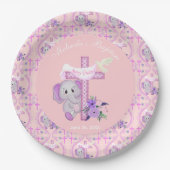ハトとクロスベビーの洗礼を持つピンクのバゾウ ペーパープレート (正面)