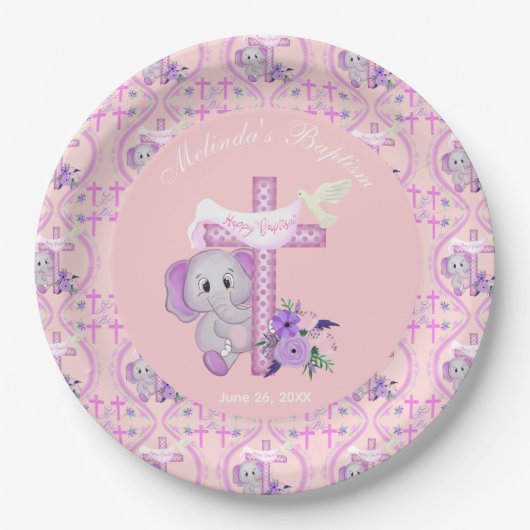 ハトとクロスベビーの洗礼を持つピンクのバゾウ ペーパープレート (正面)