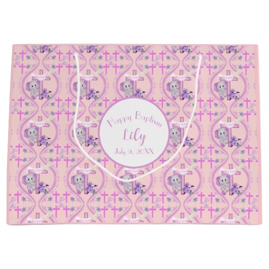 ハトとクロスベビーの洗礼を持つピンクのバゾウ ラージペーパーバッグ (正面)