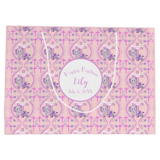ハトとクロスベビーの洗礼を持つピンクのバゾウ ラージペーパーバッグ (裏面)