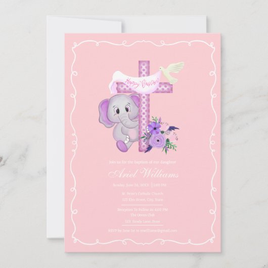 ハトとクロスベビーの洗礼を持つピンクのバゾウ 招待状 (正面)