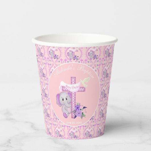 ハトとクロスベビーの洗礼を持つピンクのバゾウ 紙コップ (正面)