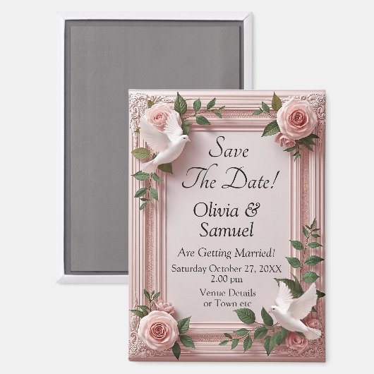 ハトとピンクのバラ 3D エフェクト, 結婚式の日程を保存  マグネット (正面/裏面)