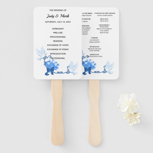 ハトとブルーフラワーズ結婚式 プログラム ハンドファン (正面&裏面)