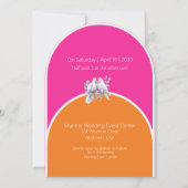 ハトとリングや輪ホットピンクとタンジェリンアーチ 招待状 (裏面)