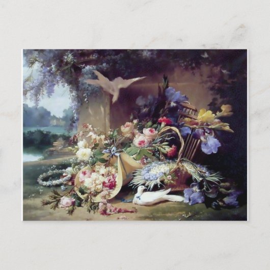 ハトの白絵画花 ポストカード (正面)