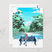 ハト付きベンチの女性デザインはがき ポストカード (正面/裏面)