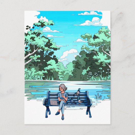 ハト付きベンチの女性デザインはがき ポストカード (正面)