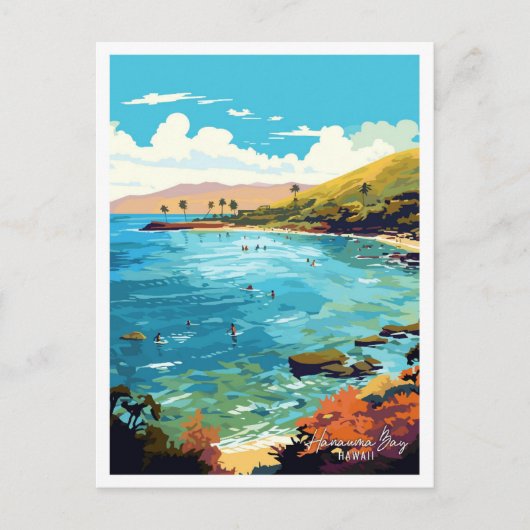 ハナウマベイハワイアートヴィンテージ旅行イラストレーション ポストカード (正面)
