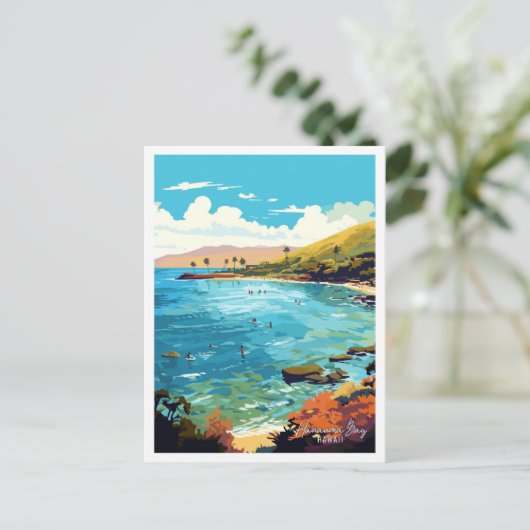 ハナウマベイハワイアートヴィンテージ旅行イラストレーション ポストカード (スタンド正面)