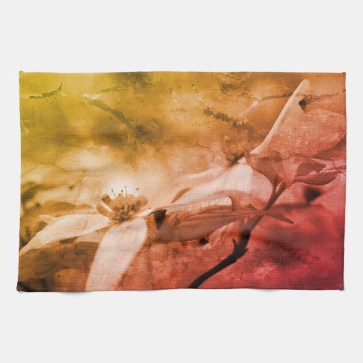 ハナミズキの花の白黒ヴィンテージ キッチンタオル (横)