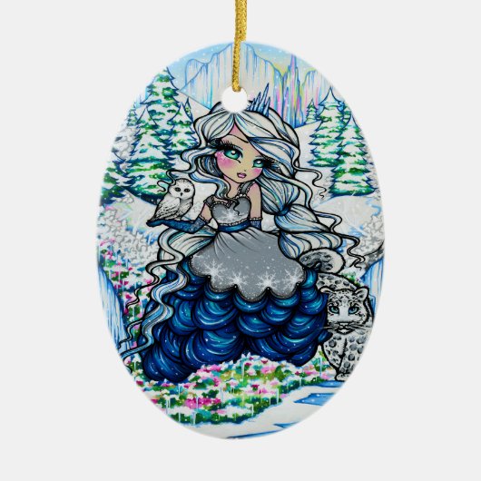 ハナリン著クリスマスの氷のプリンセスの雪のフクロウの芸術 セラミックオーナメント (正面)