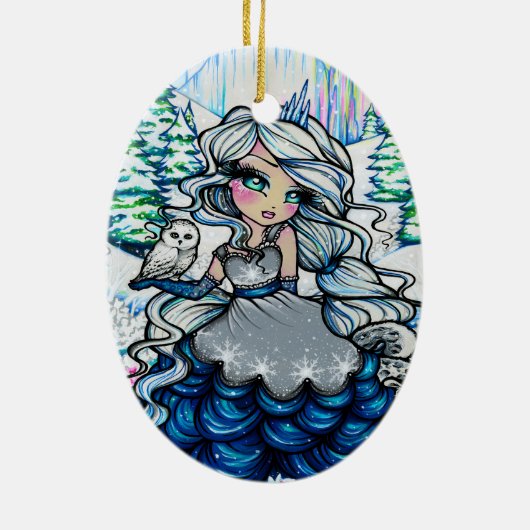 ハナリン著クリスマスの氷のプリンセスの雪のフクロウの芸術 セラミックオーナメント (裏面)