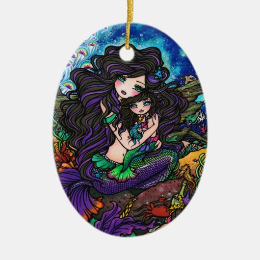 ハナリン著人魚のお母さんおよびベビーの水中芸術 セラミックオーナメント (正面)