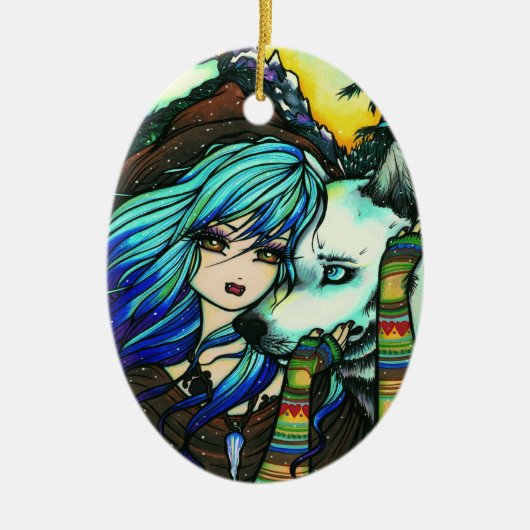 ハナリン著冬の吸血鬼のオオカミの雪の女の子の芸術 セラミックオーナメント (正面)