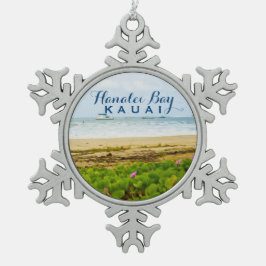ハナリーベイカウアイハワイビーチ+ボート スノーフレークピューターオーナメント