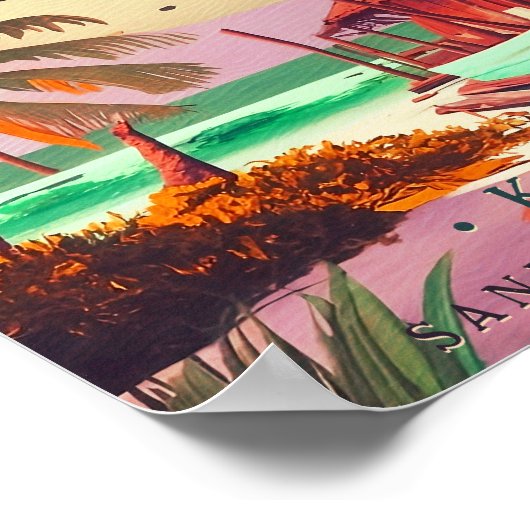 ハナレイカウアイハワイ熱帯夕日のヤシの木60s ポスター (角)