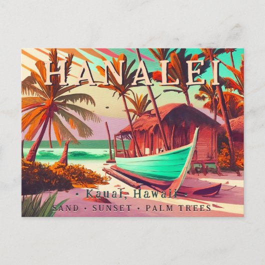 ハナレイカウアイハワイ熱帯夕日のヤシの木60s ポストカード (正面)