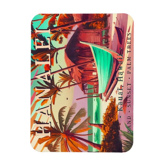 ハナレイカウアイハワイ熱帯夕日のヤシの木60s マグネット (縦)