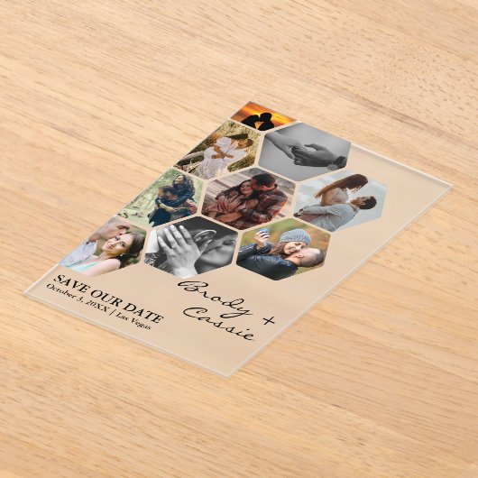 ハニカエレガントム写真の結婚式の日付を保存 アクリル招待状 (レイダウン)