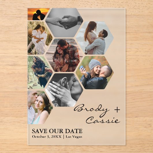 ハニカエレガントム写真の結婚式の日付を保存 アクリル招待状 (正面)