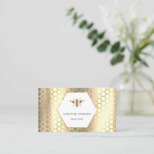 ハニカムおよび六角ビーのロゴフェイク金ゴールド箔 名刺 (スタンド正面)