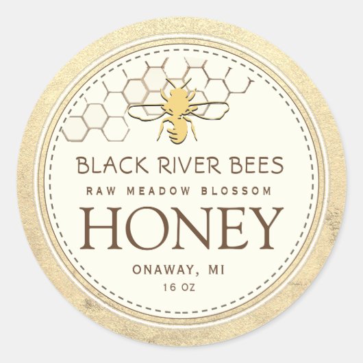 ハニカムとビー生の蜂蜜の虹色の黄色縁ど ラウンドシール (正面)