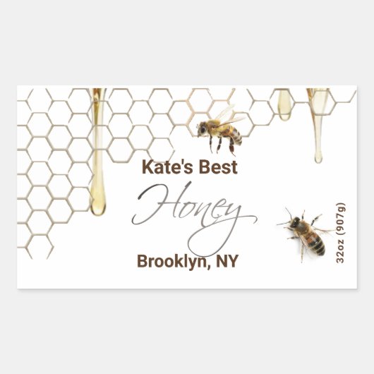 ハニカムと蜂の付いた蜂蜜の六角びんのラベル 長方形シール (正面)