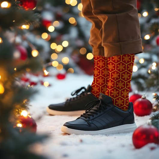 ハニカムスノーフレークマルーンイエローパターエレガントン ソックス