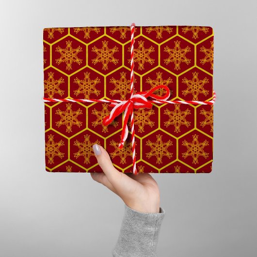 ハニカムスノーフレークマルーンイエローパターエレガントン ラッピングペーパー