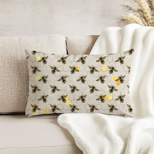 ハニカムパターン上のミツバチ黄色金ゴールド灰色 アクセントクッション