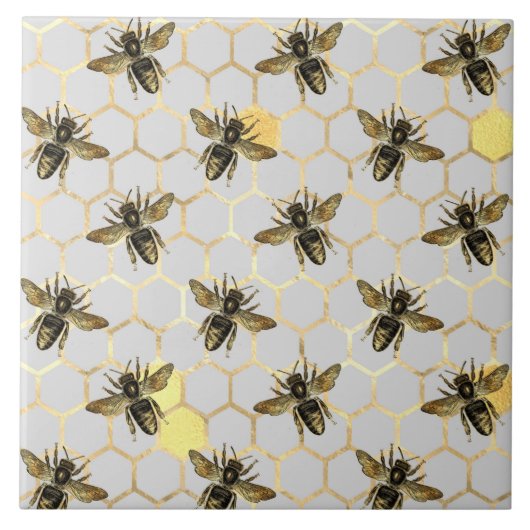 ハニカムパターン上のミツバチ黄色金ゴールド灰色 タイル (正面)