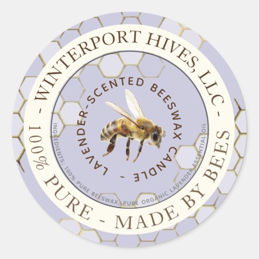 ハニカムビラベンダー付きビーズワックスキャンドルラベル ラウンドシール (正面)