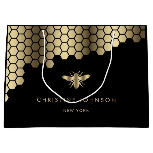 ハニカムフェイク金ゴールドフォイルビーデザイン ラージペーパーバッグ (正面)