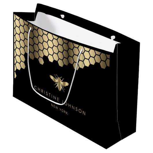 ハニカムフェイク金ゴールドフォイルビーデザイン ラージペーパーバッグ (正面アングル)