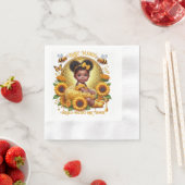 ハニカム&ひまわり花可愛いアフロ・パフ・ベビーガール 縁ありカクテルナプキン (インサイチュ)