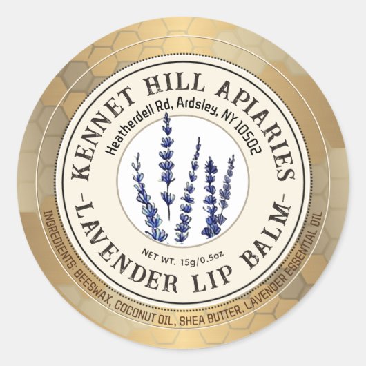 ハニカム&ラベンダーリップバームラベルアイボリー金ゴールド ラウンドシール (正面)