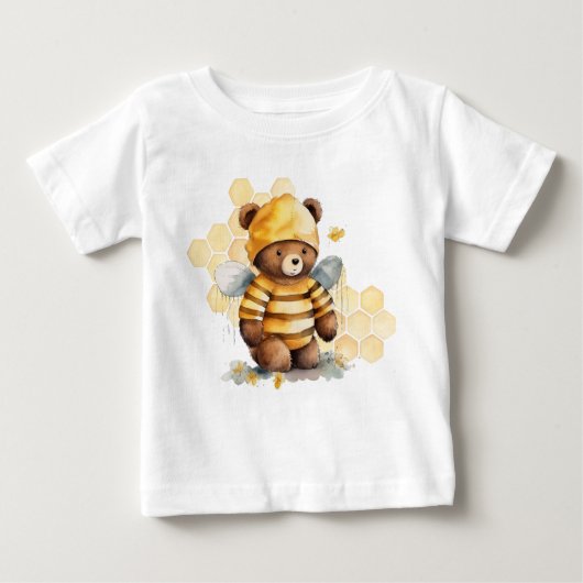ハニコムとブラウン蜂蜜テディベア ベビーTシャツ (正面)