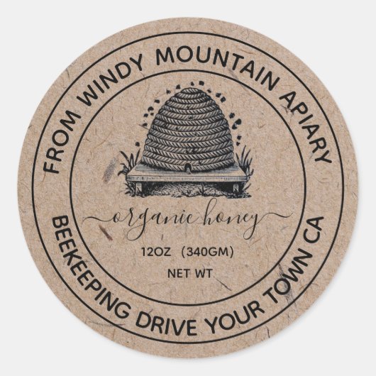 ハニーオーガニッククラフト紙瓶ラベル | Beehive ラウンドシール (正面)