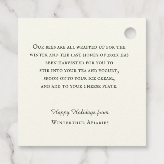 ハニーギフトバスケットとトートバッグハイブのラベル フェイバータグ (裏面)