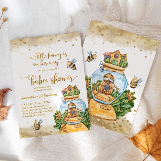 ハニーコームとビーイラストレーションベビーシャワー 招待状