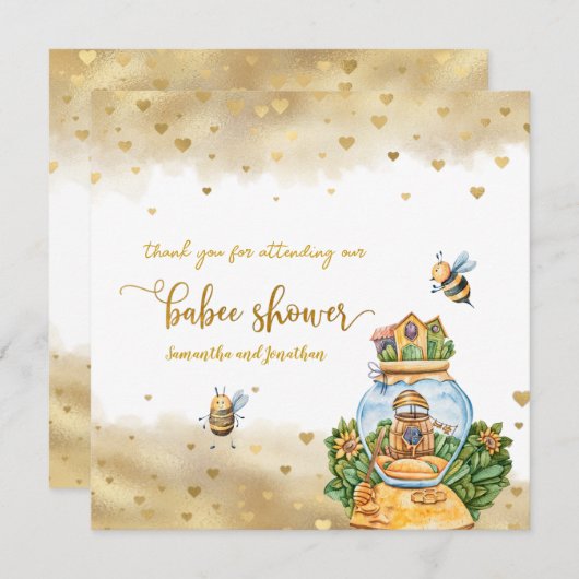 ハニーコームビーテーマベビーシャワーサンキューカード 招待状 (正面/裏面)
